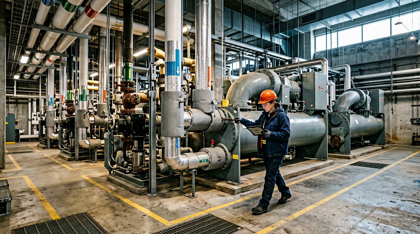 Consultant inspecting HVAC plant equipment during an energy assessment