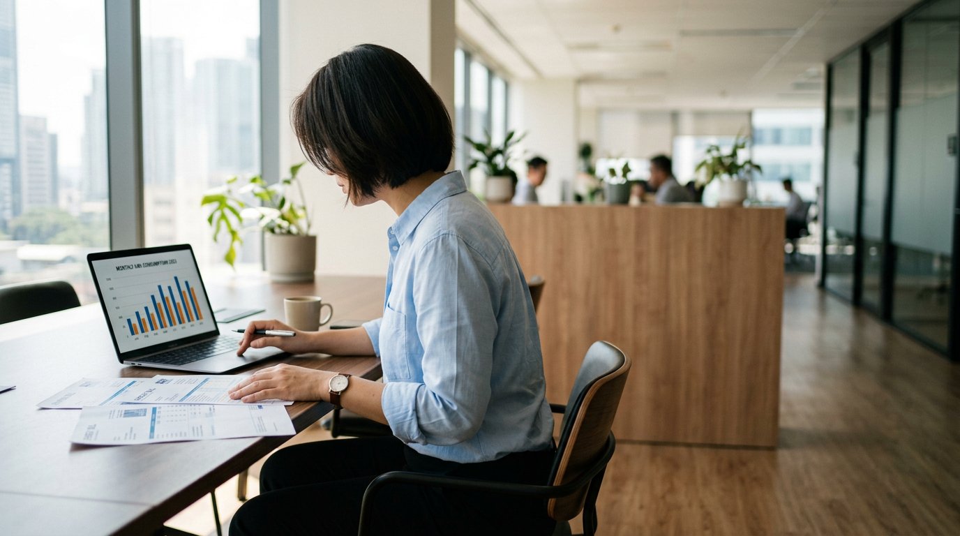 Energy consultant reviewing utility bills and consumption charts at a desk